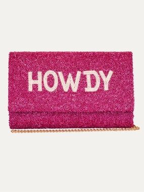 Christina Greene Pink 'HOWDY' Beaded Foldover Clutch with Gold Chain